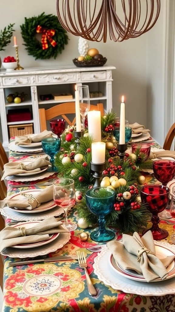 An eclectic Christmas table setting with mismatched dinnerware, colorful glassware, and seasonal decorations.